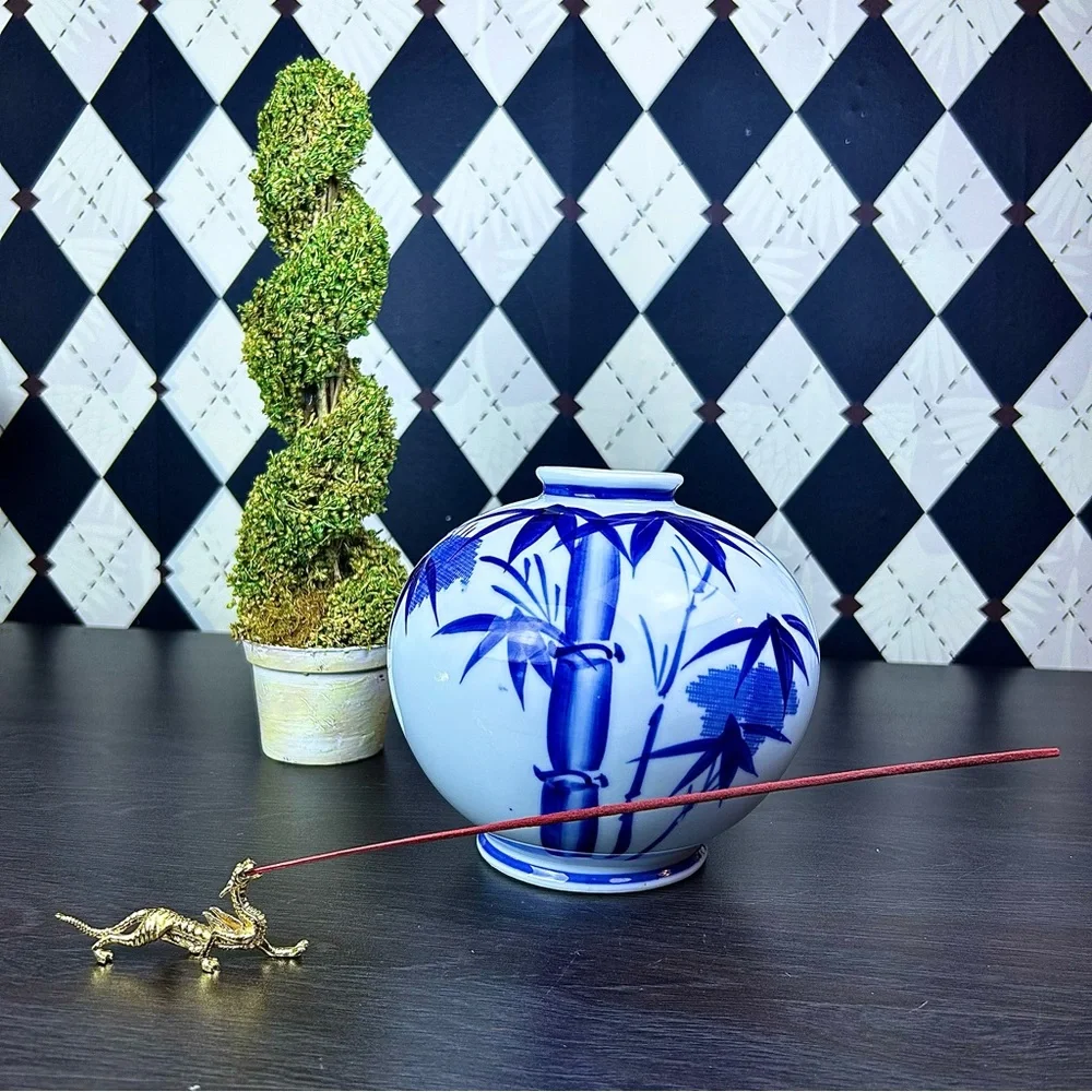 Blue White Porcelain Bamboo Vase Chinoiserie 6.5”‎ Grandmillenial Japan Decor