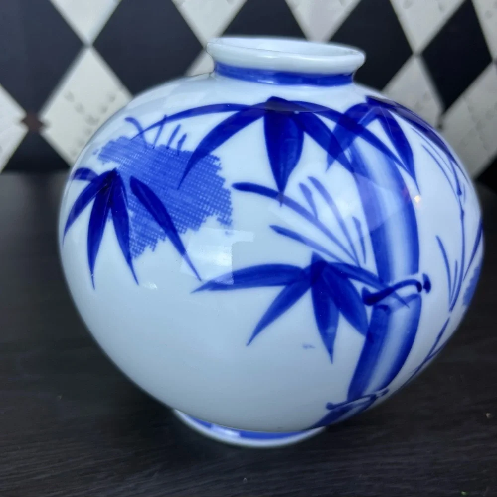Blue White Porcelain Bamboo Vase Chinoiserie 6.5”‎ Grandmillenial Japan Decor