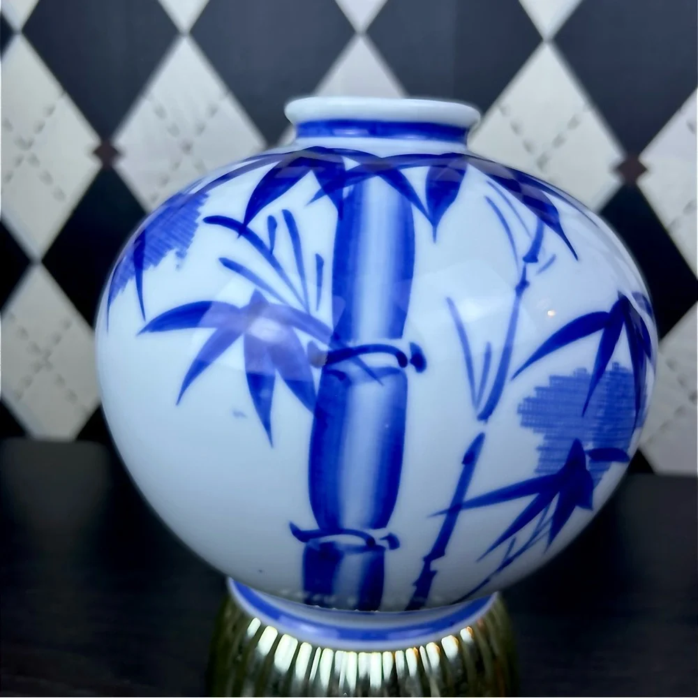 Blue White Porcelain Bamboo Vase Chinoiserie 6.5”‎ Grandmillenial Japan Decor