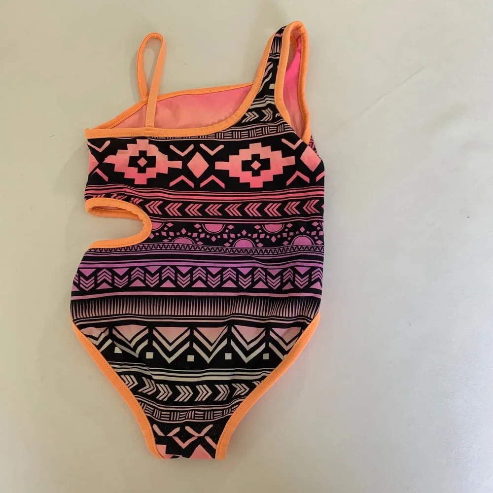 Justice One Piece Swimsuit Girls‎ 7/8 Reversible Pink Purple Tribal Cutout Boho