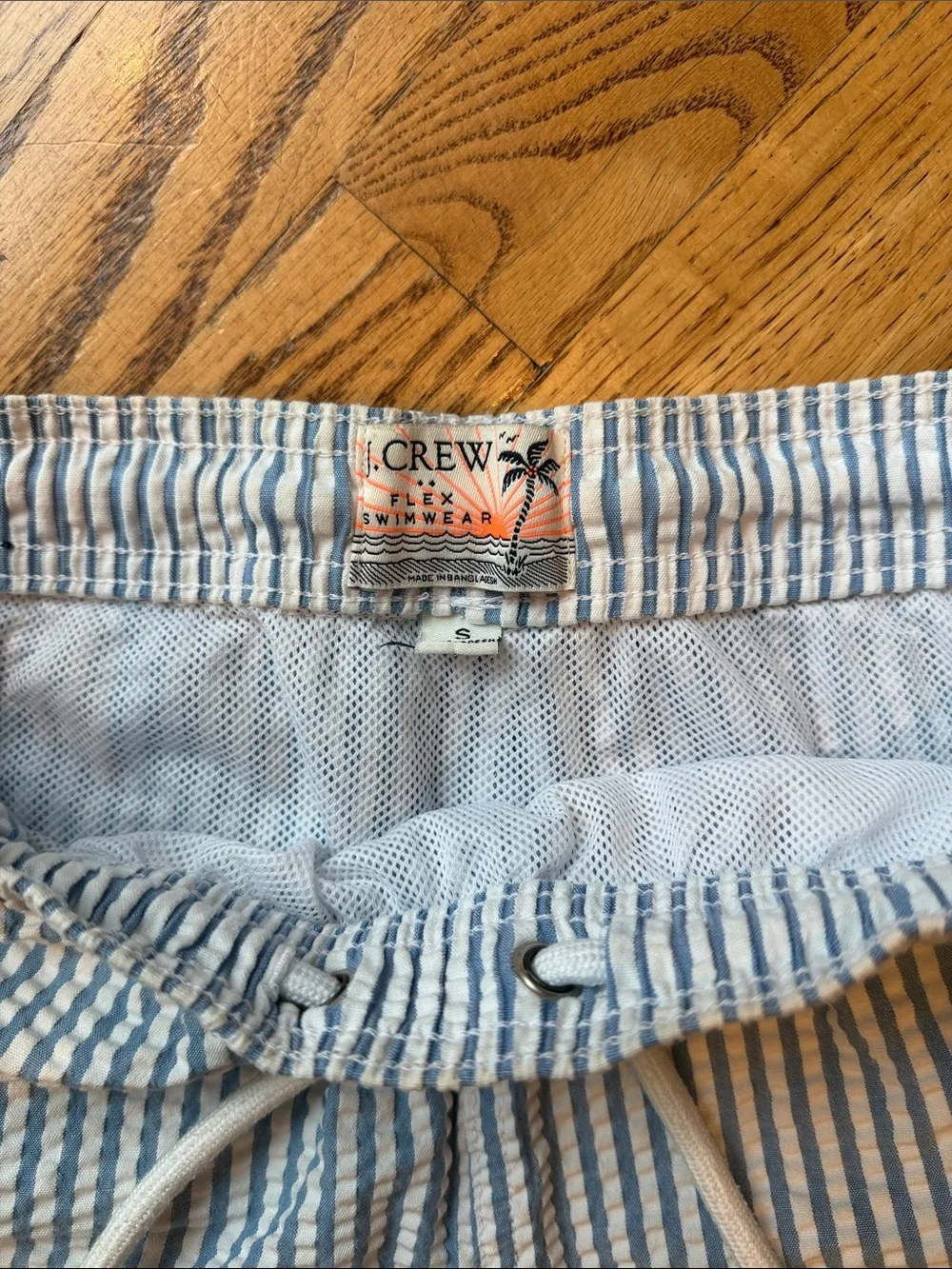J. Crew Light Blue and White Striped Seersucker Swim Trunks