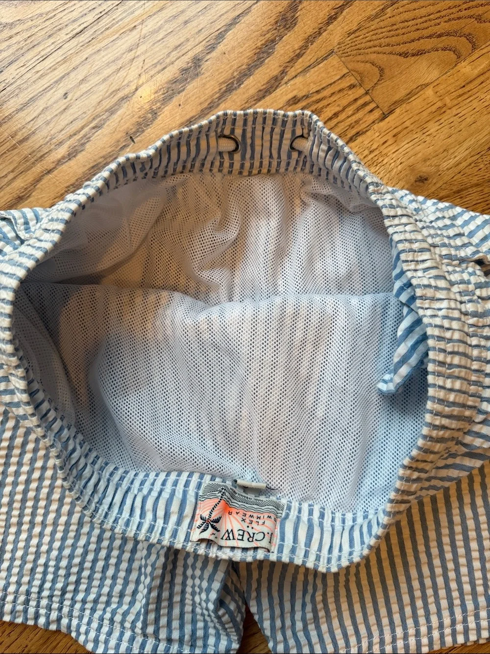 J. Crew Light Blue and White Striped Seersucker Swim Trunks
