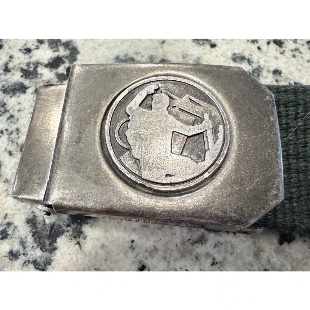 Vintage Military Style Olive Drab Canvas Web Belt‎ Silver Metal Box Buckle 32in