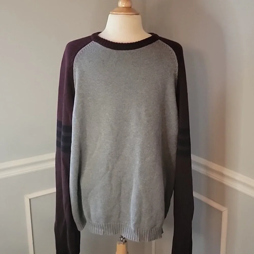 J.CREW Men's Gray‎ Maroon 100% Cotton Color Block Crewneck Casual Preppy Sweater