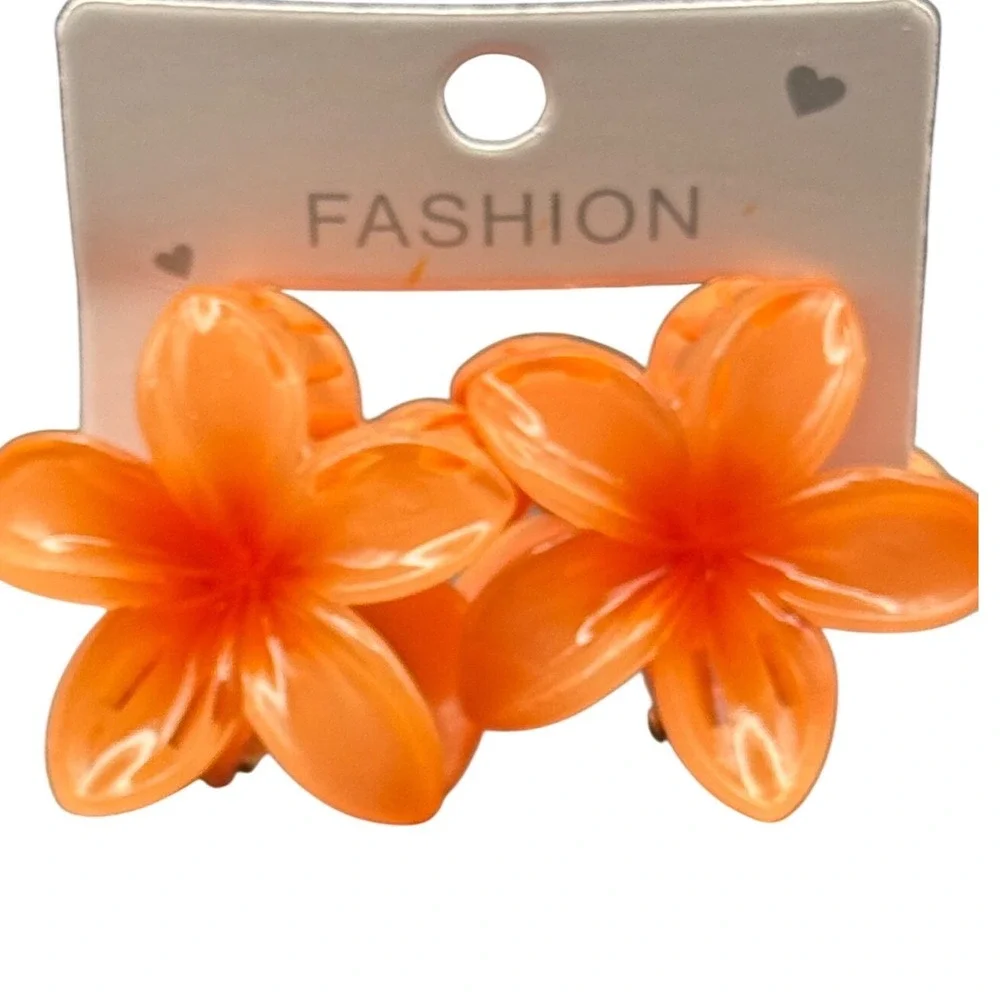 Orange Flower‎ Hair Mini Claw Clip Set 2pc Tropical Plumeria Hibiscus Floral