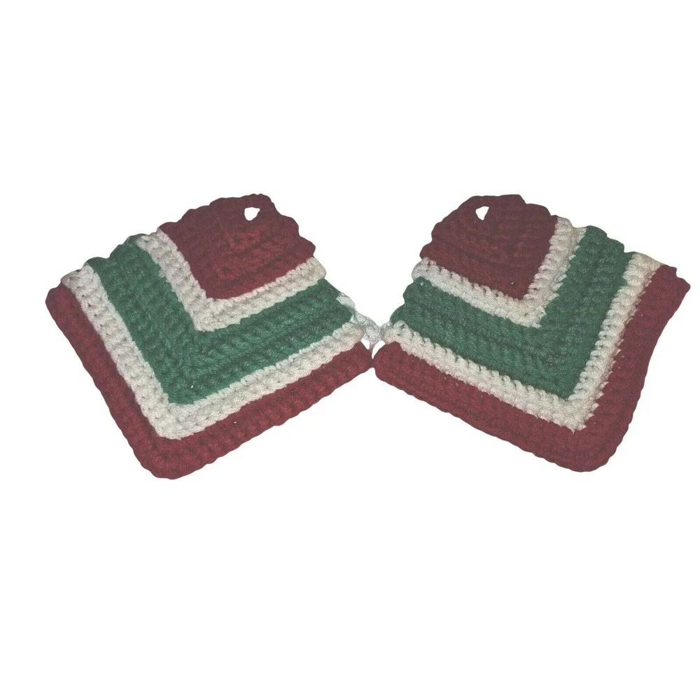 Vintage Handmade Crochet Christmas Potholders‎ Set of 2 Red Green White Striped