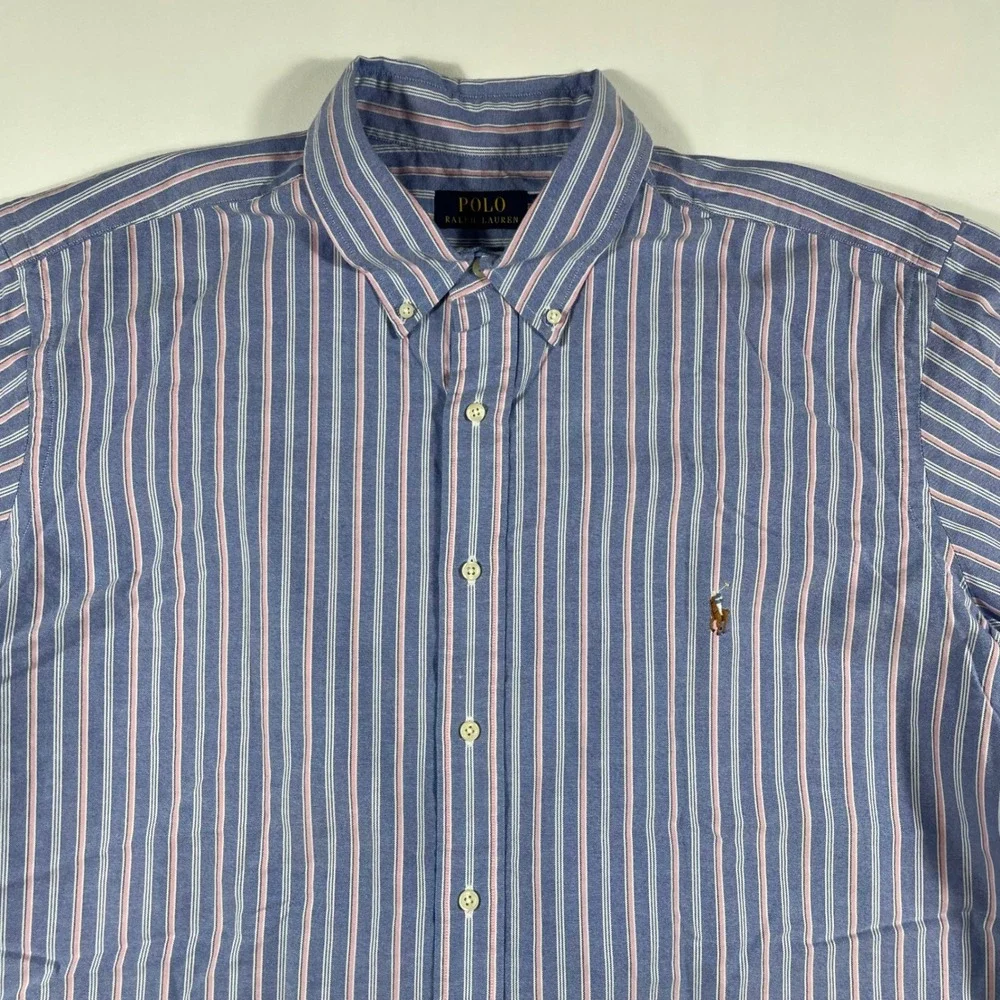 Polo Ralph Lauren Button Down Mens 2XB Striped Short Sleeve Oxford Blue Pink