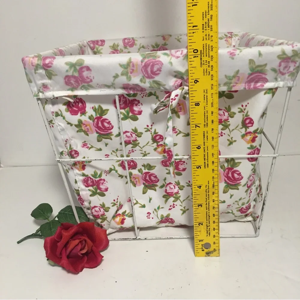 White Wire Basket with Floral Shabby Chic  Cottagecore Removable Fabric Liner