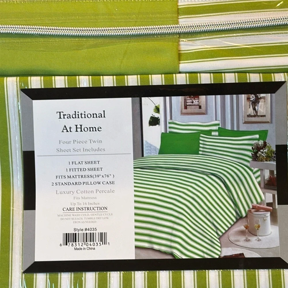 Traditional At Home 4 pc Twin Sheet Set Spring and white stripes.