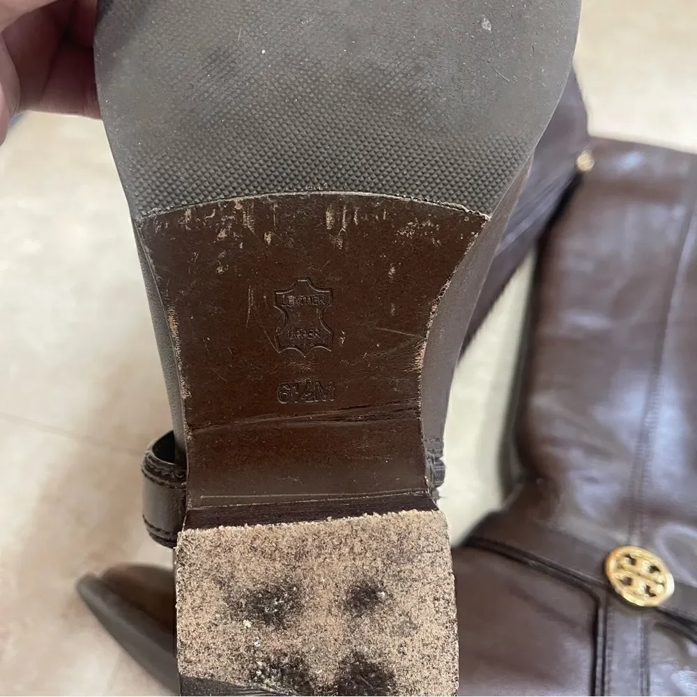 Tory Burch- Brown Bristol Leather Riding Boot with Gold Hardware, Sz 6.5