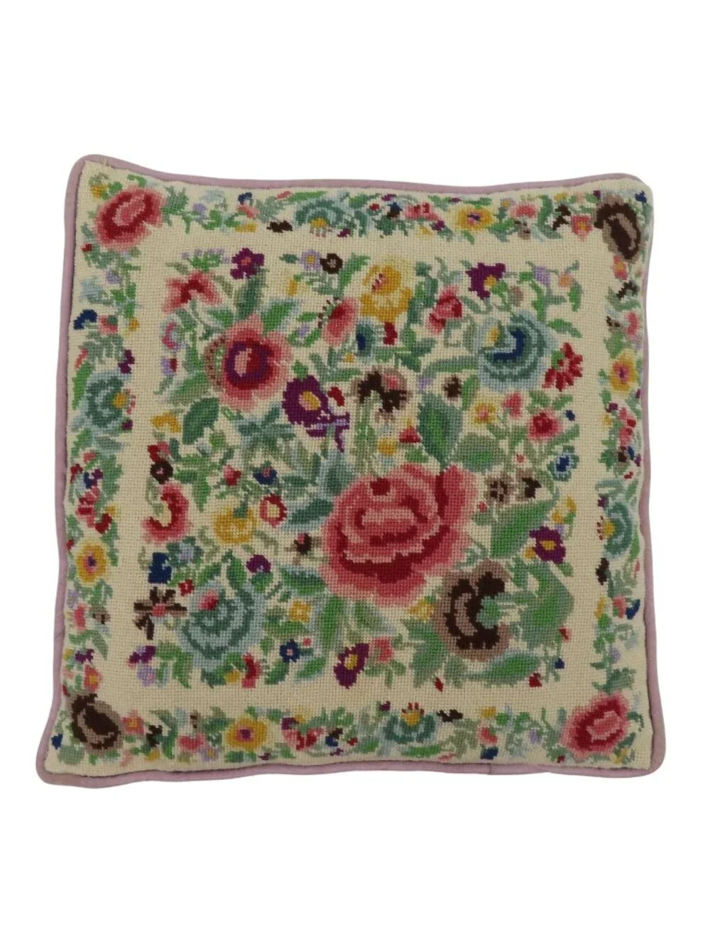 Handmade Multicolor Flower Floral Needlepoint Purple Back Throw Accent Pillow