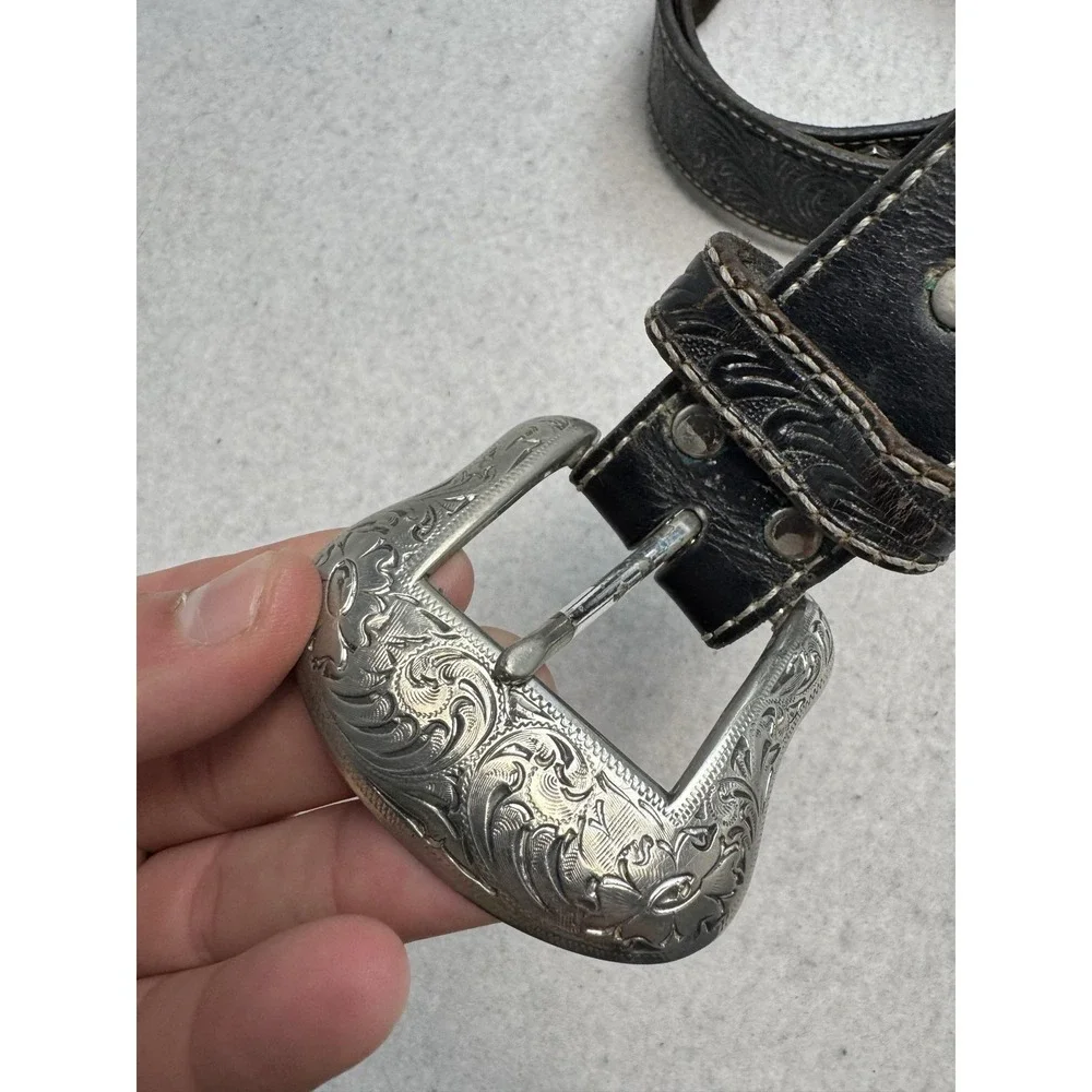 Nocona Belt Mens 36 Black Tooled Leather Cross Concho Western Buckle Cowboy