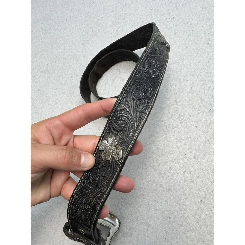 Nocona Belt Mens 36 Black Tooled Leather Cross Concho Western Buckle Cowboy