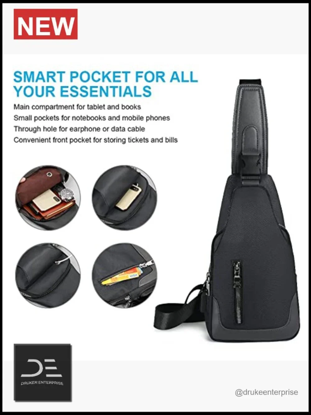 Sling Backpack with USB Charging Port, Oxford Fabric Crossbody Chest Bag for