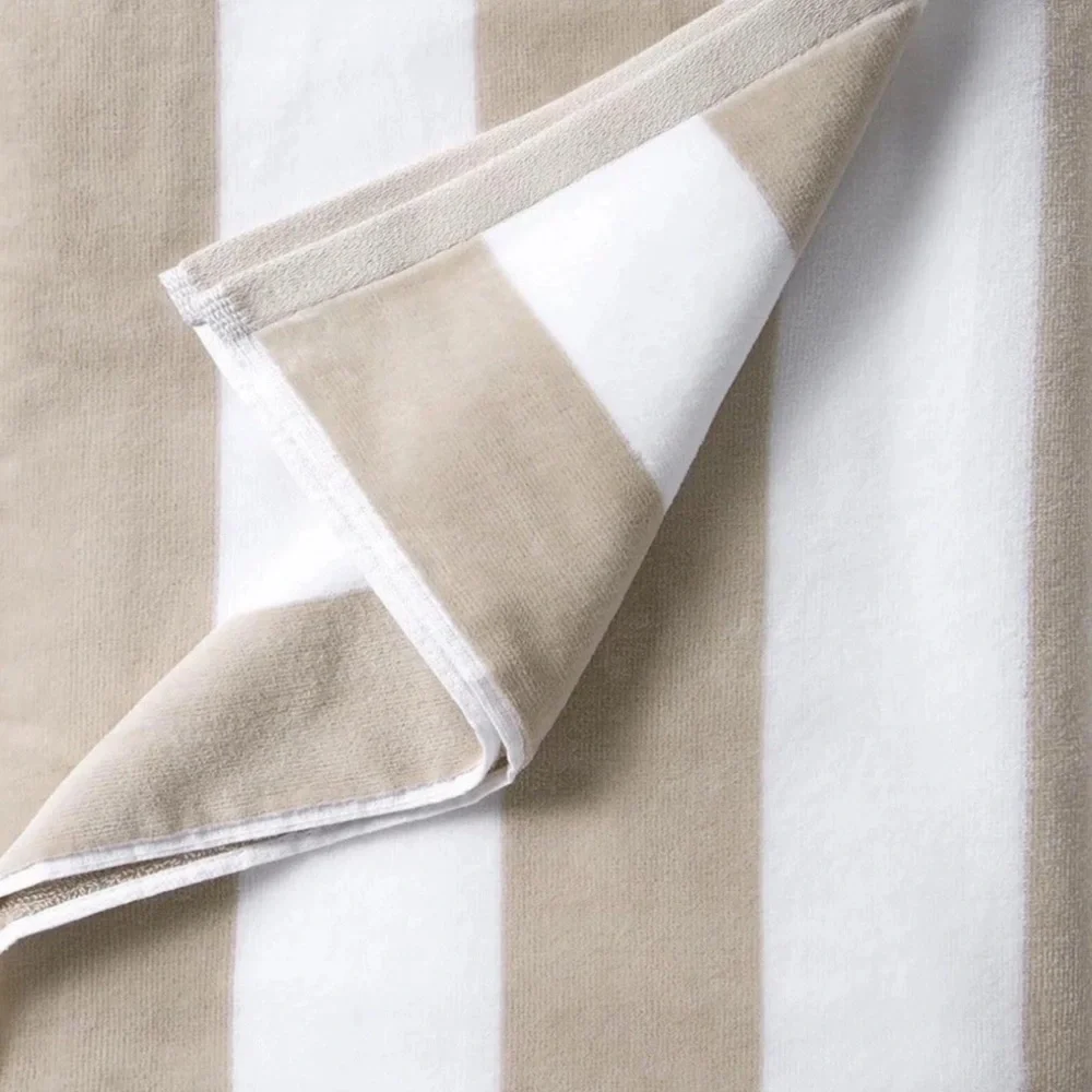 Brooks Brothers Tan White Cabana Striped 40x70” Oversized Pool Beach Towel New