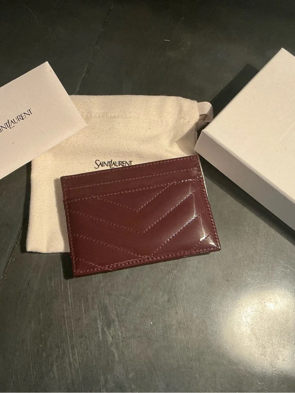 Authentic Yves Saint Laurent Dark Wine Patent Leather Card Holder