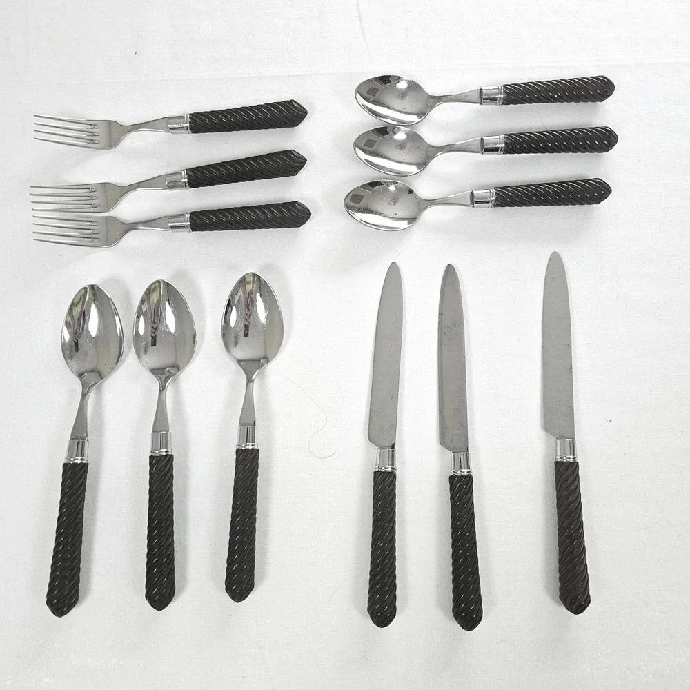 12pc Stainless Flatware Set Twisted Rope Handle Brown Black Thailand 3 Place Set