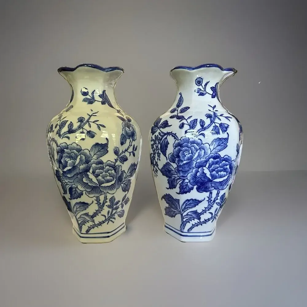 2 New Chinese Blue & White Rosé Transfer Wear Chinoiserie Pocket Wall Vase 10” T