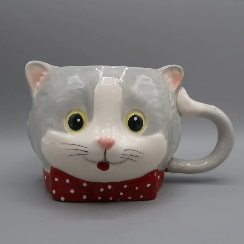 Pier 1 Imports Oversized Gray Kitten Cat Coffee Mug Red White Bow Tie