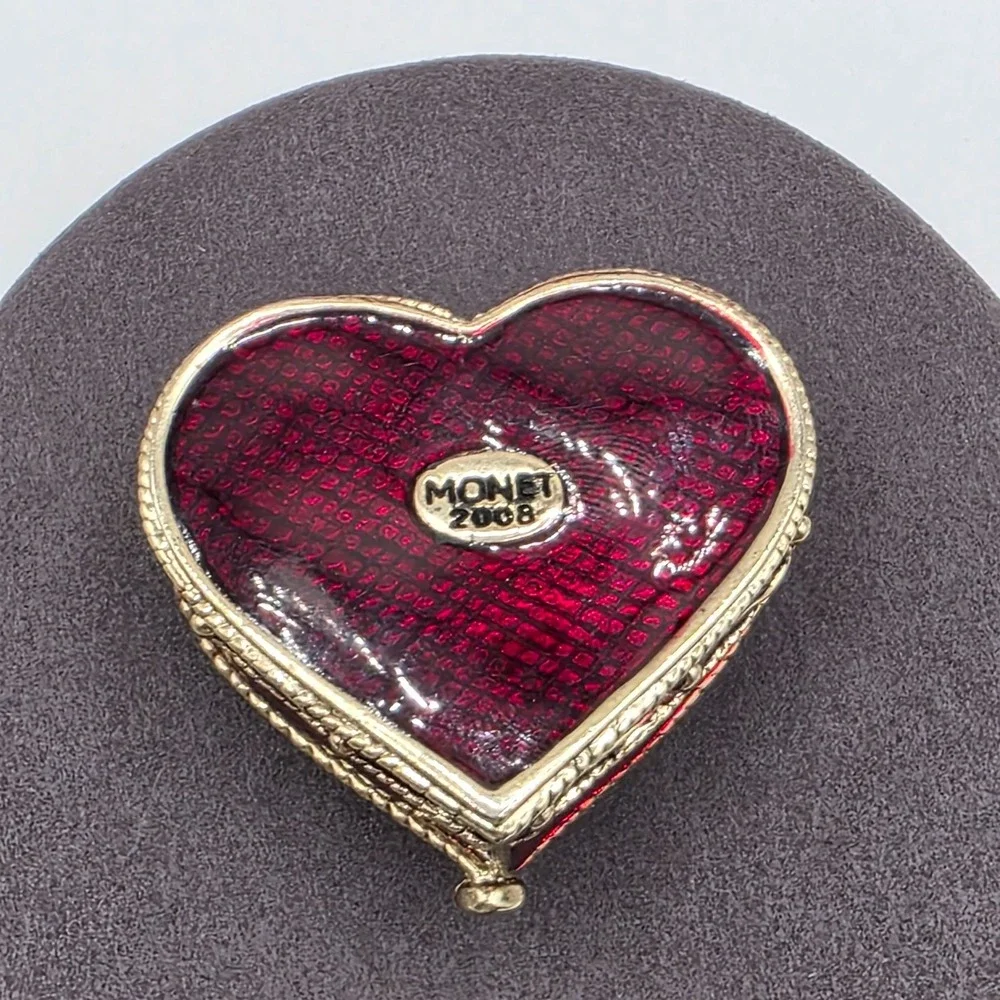 Monet Heart Hinged Trinket Box Red Gold Filigree Crystals Jewelry‎ Keepsake