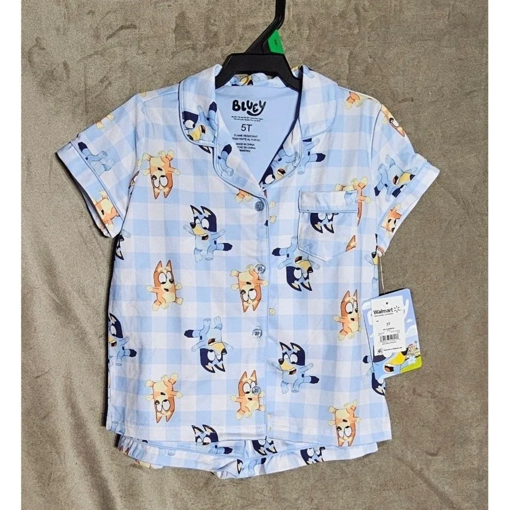 Bluey Bingo Kids 2PC Pajama Set Blue Gingham Button Down Shirt Shorts 5T NEW