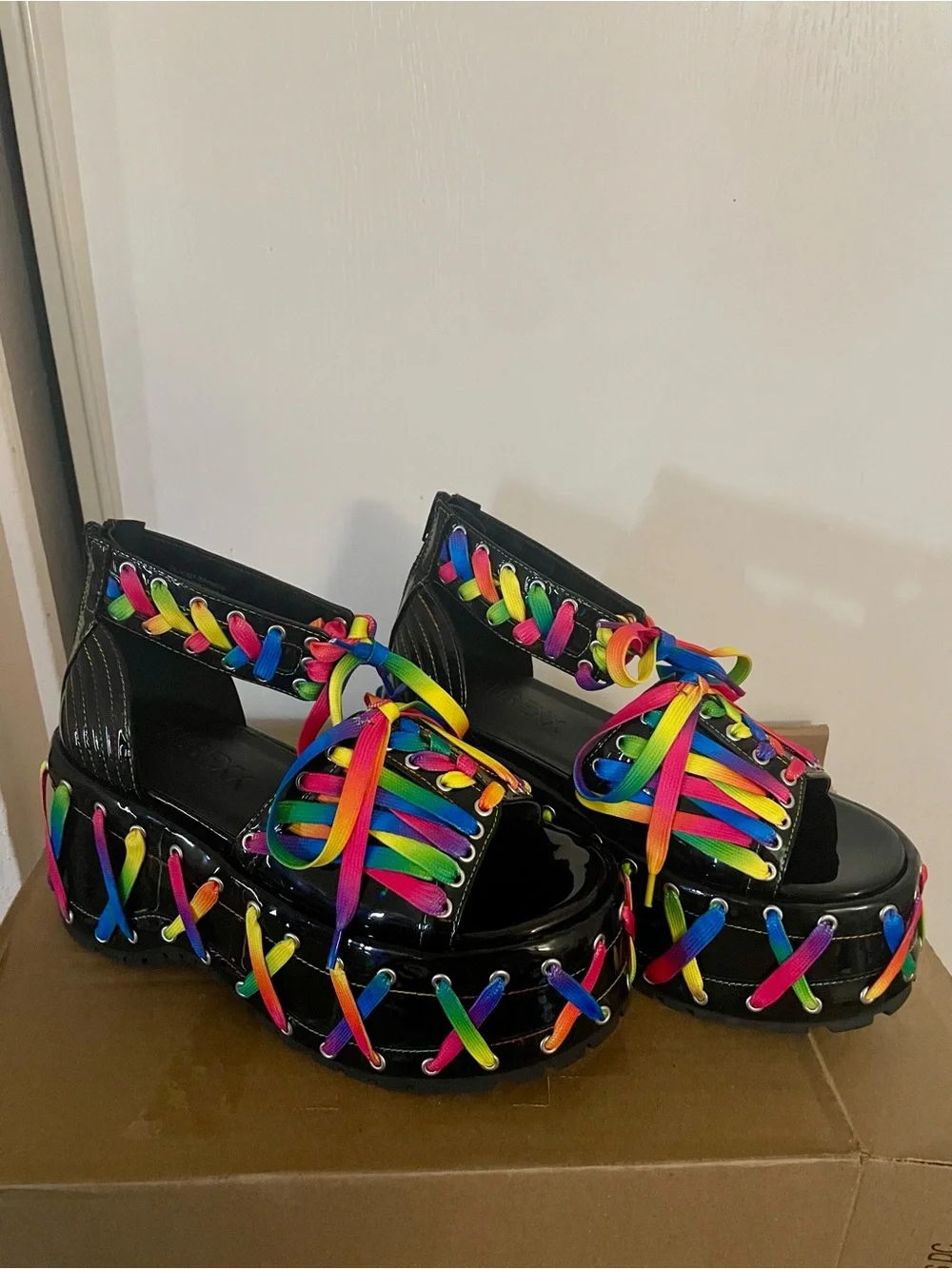 Patent Black Platform Lace-Up Shoes with Rainbow Laces