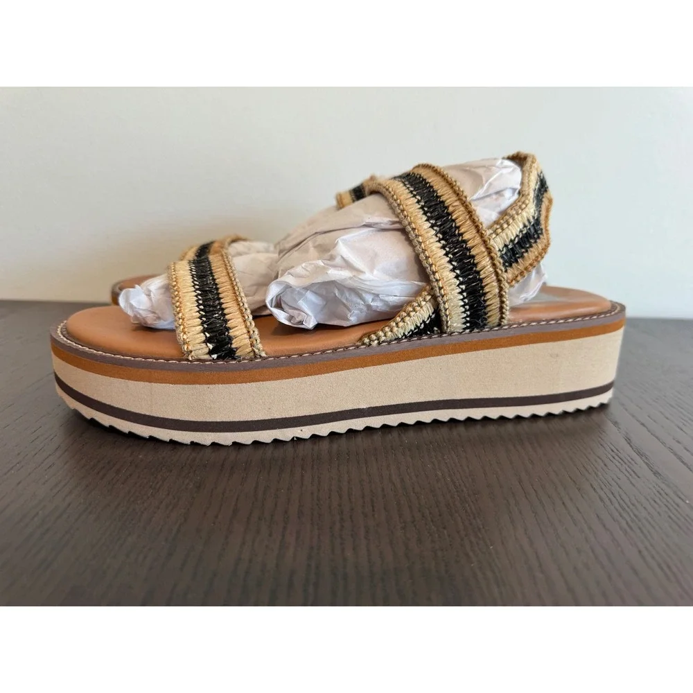 Dolce Vita Yankee Platform Sandals Women Size 11 Tan Black Woven Raffia Straps