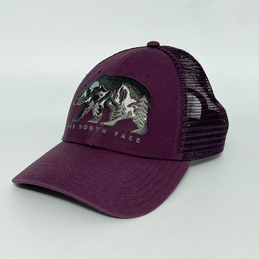 The North Face Embroidered Bear Trucker Hat Wine Snap Back Mesh