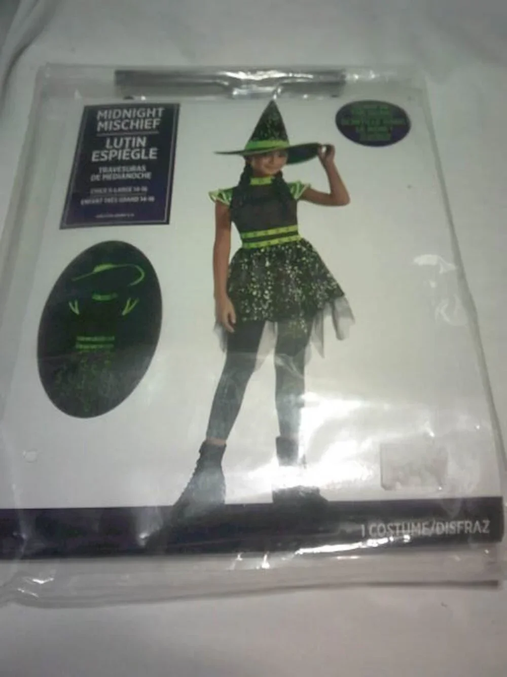 NEW GLOW IN THE DARK WITCH HALLOWEEN COSTUME SIZE XL 14-16 GIRLS DRESS & HAT 🎃