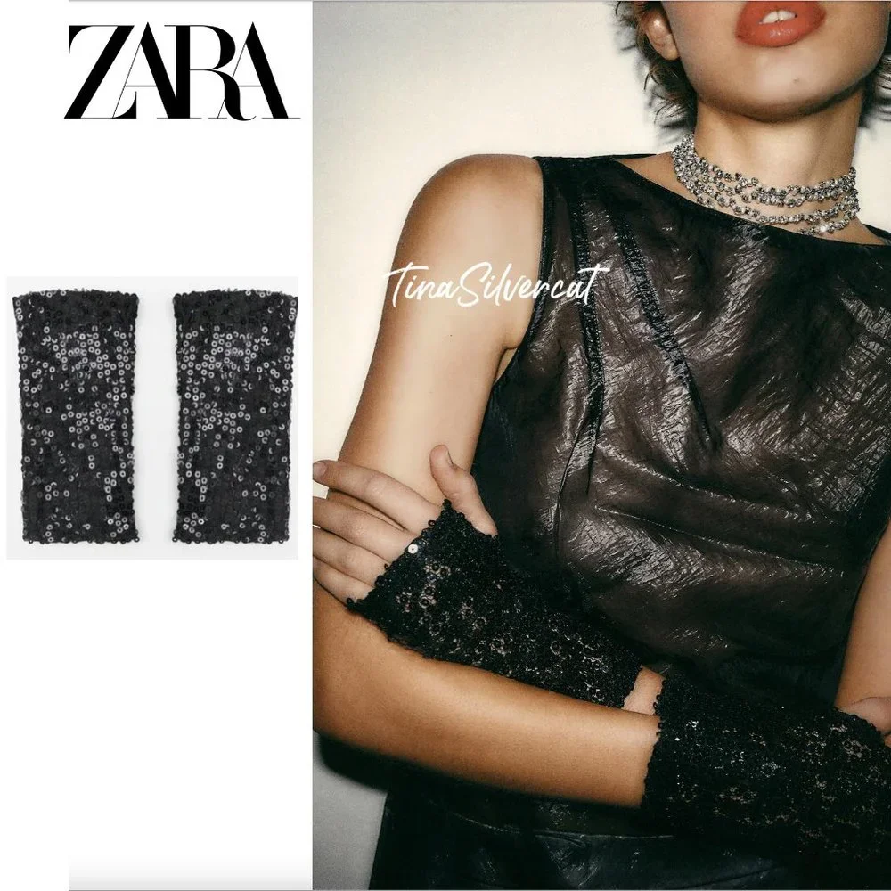 Zara Sequin Gloves Black NWT