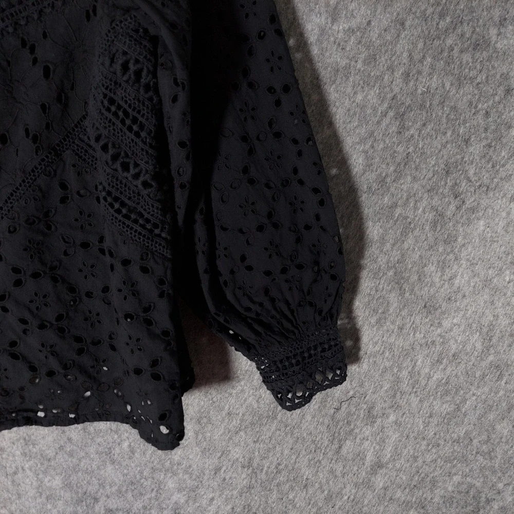 Anthropologie Women Blouse M Black Festival Eyelet Balloon Sleeve Crochet Tunic