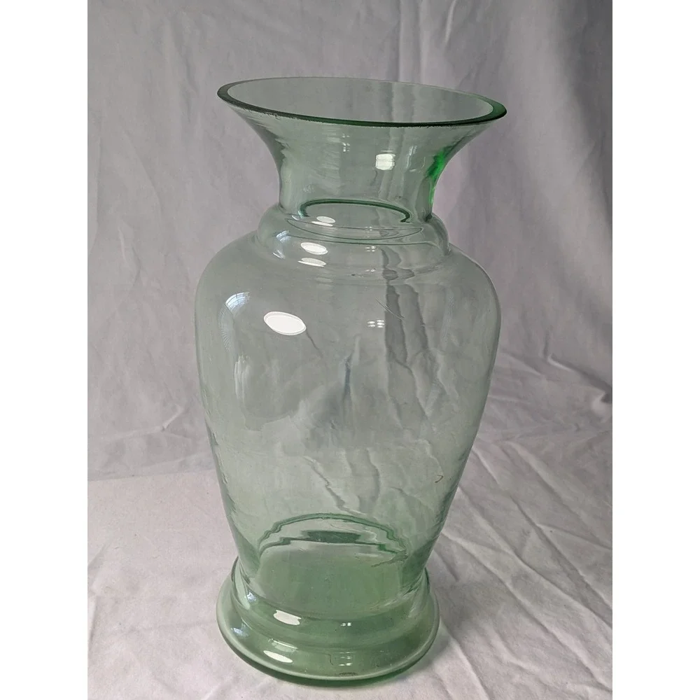 Vintage Large Sage Green Hand Blown Glass Vase Flared Rim 10.5 Inch Floor Vase