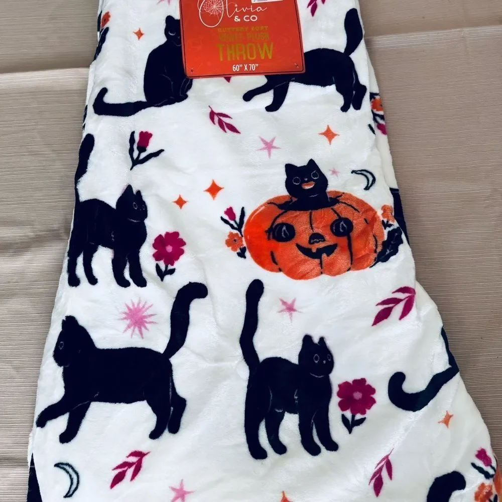 Mystical Enchanted Black Cat Halloween Fall Plush Throw Blanket