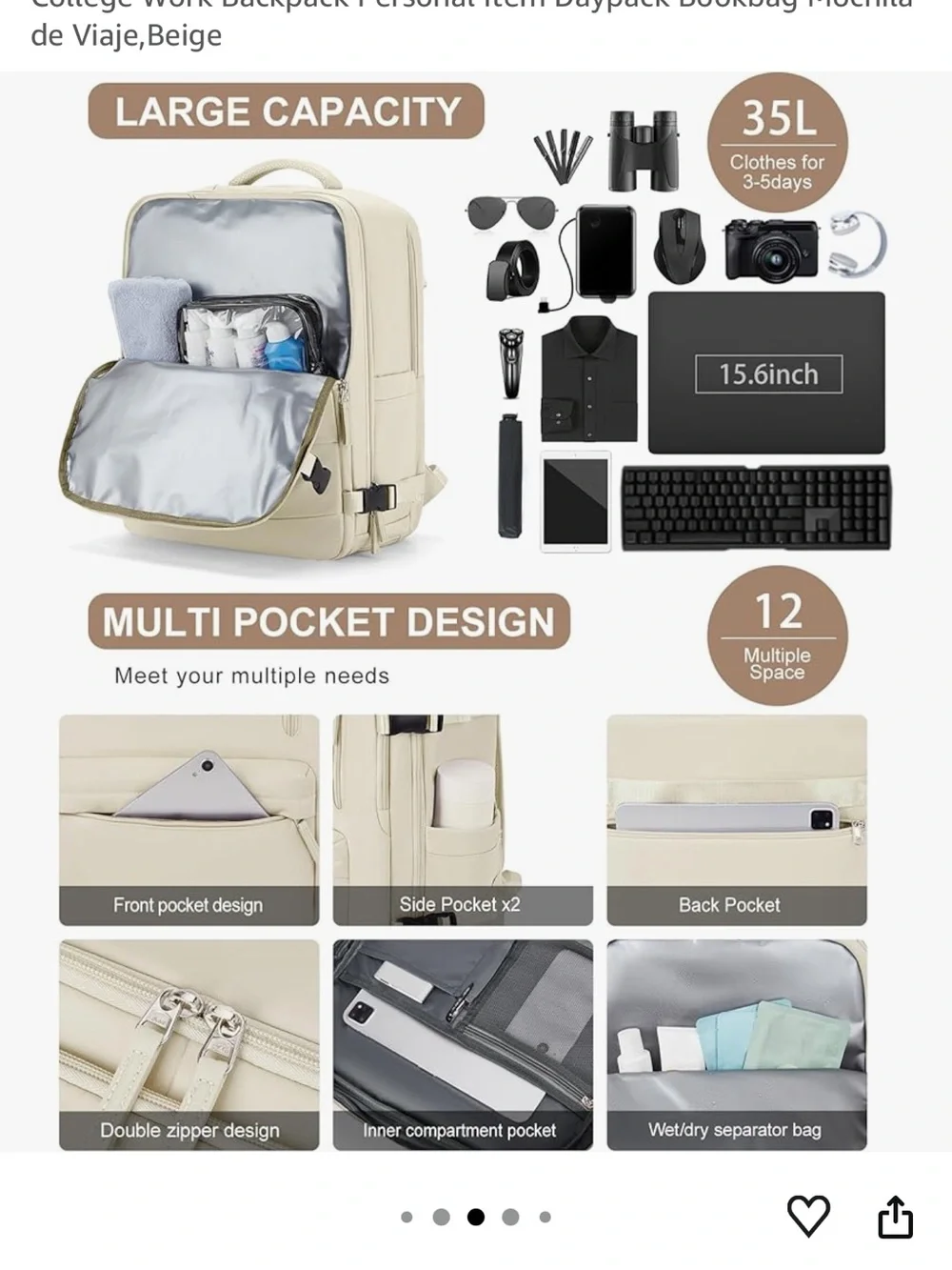 Beige Travel Backpack - Water-Resistant Laptop Bag