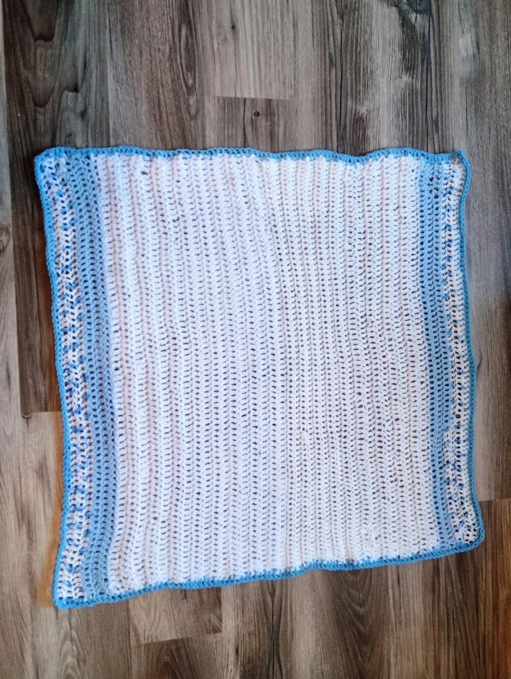 Handmade White and Light Blue Crochet Baby Blanket