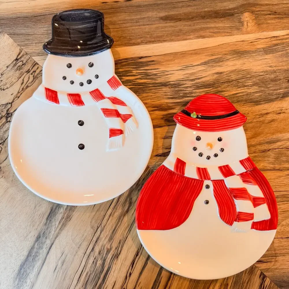 Classic Williams-Sonoma Mr and Mrs Snowman Ceramic Christmas Serving Trays-Qty 2