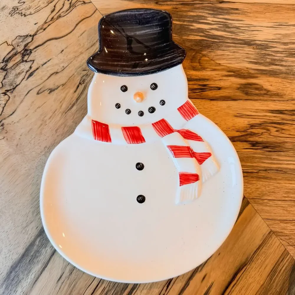 Classic Williams-Sonoma Mr and Mrs Snowman Ceramic Christmas Serving Trays-Qty 2
