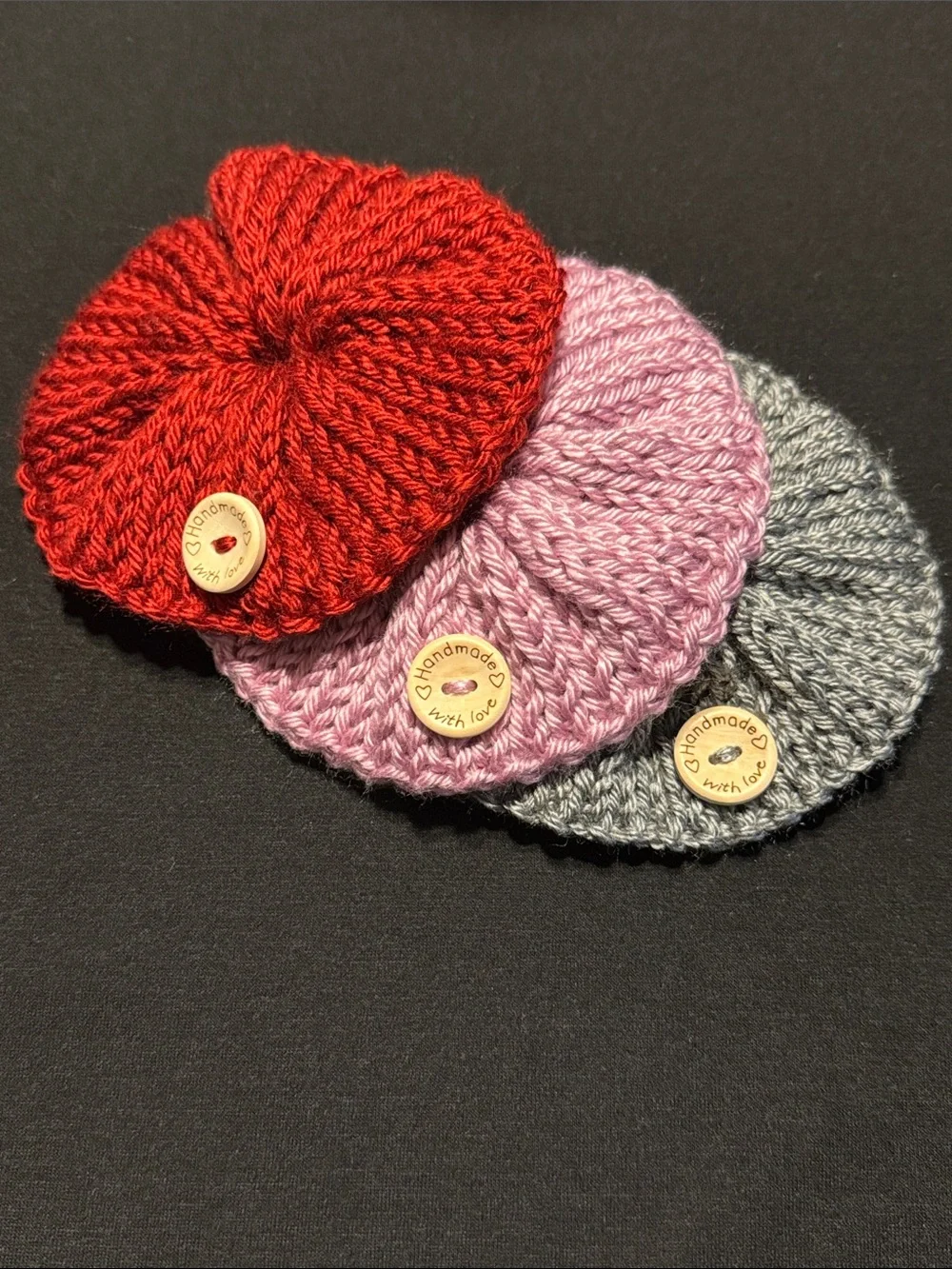 Handmade Knit Hair Scrunchies  - Red, Pink & Gray (Set of 3)