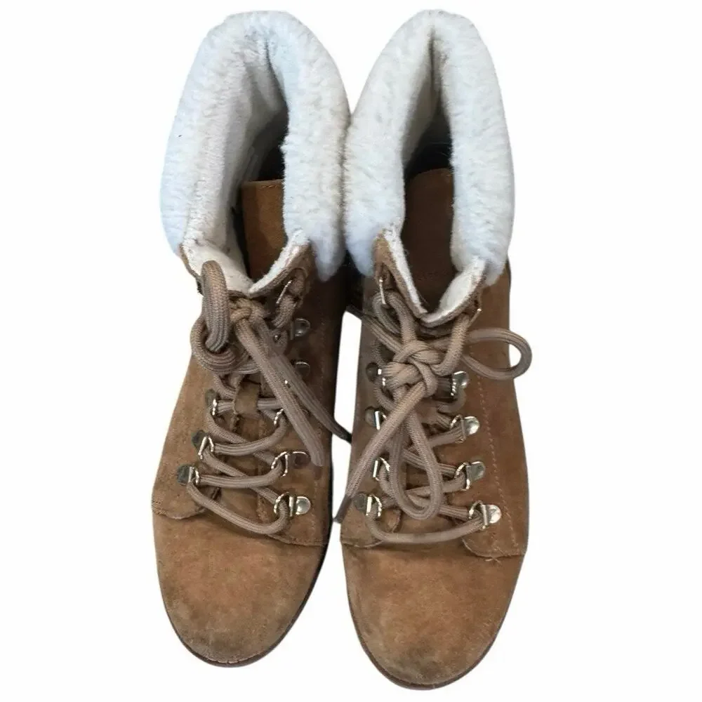 Sam Edelman Franc Suede Hiking Platform Wedge Booties Faux Fur Trim Size 6.5