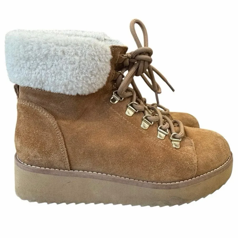 Sam Edelman Franc Suede Hiking Platform Wedge Booties Faux Fur Trim Size 6.5