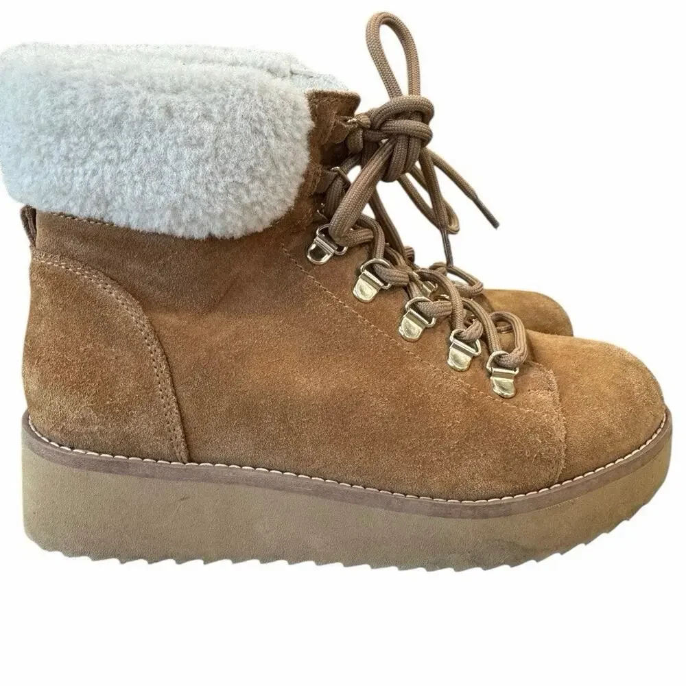 Sam Edelman Franc Suede Hiking Platform Wedge Booties Faux Fur Trim Size 6.5
