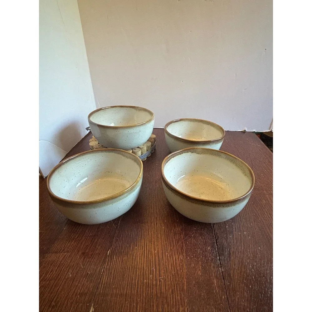 Hearth & Hand with Magnolia Stoneware Cereal Bowls Cream Brown Rim Set of 4