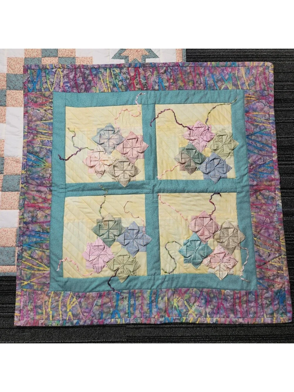 Lot of 2 Handmade Quilted Wall Hangings 24x24 Origami Flower & Patchwork Decor