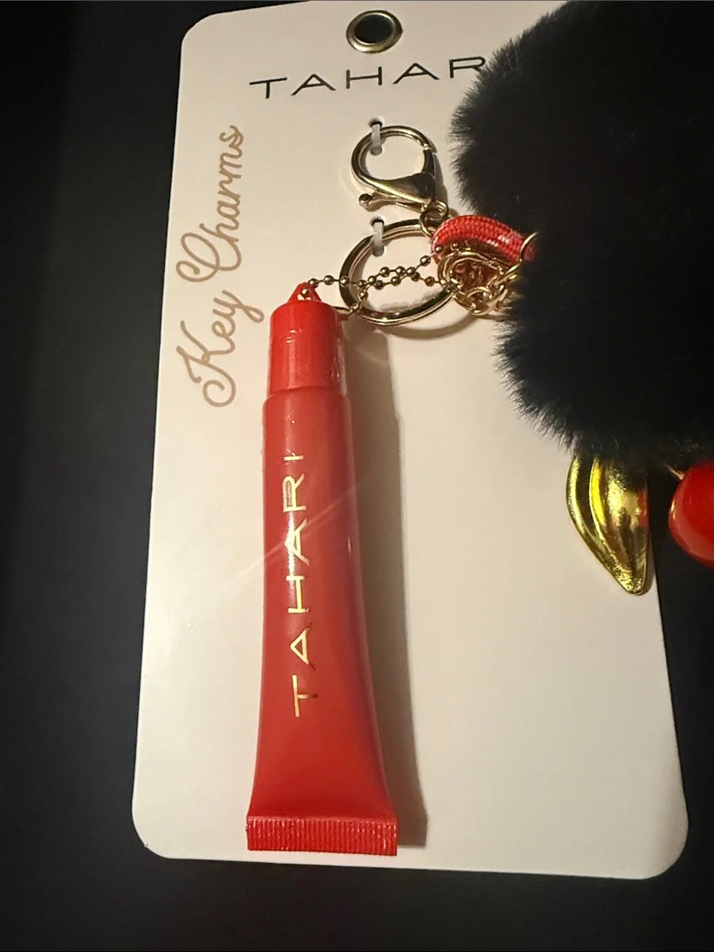 New! Tahari Red Cherry Pom Keychain Charm