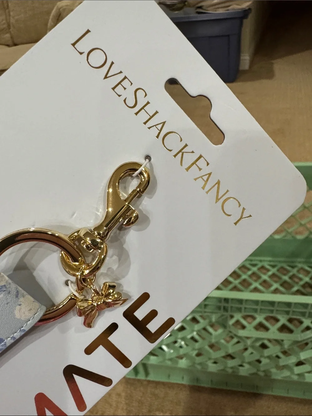 LoveShackFancy Light Blue Floral Keychain Strap with Gold Hardware