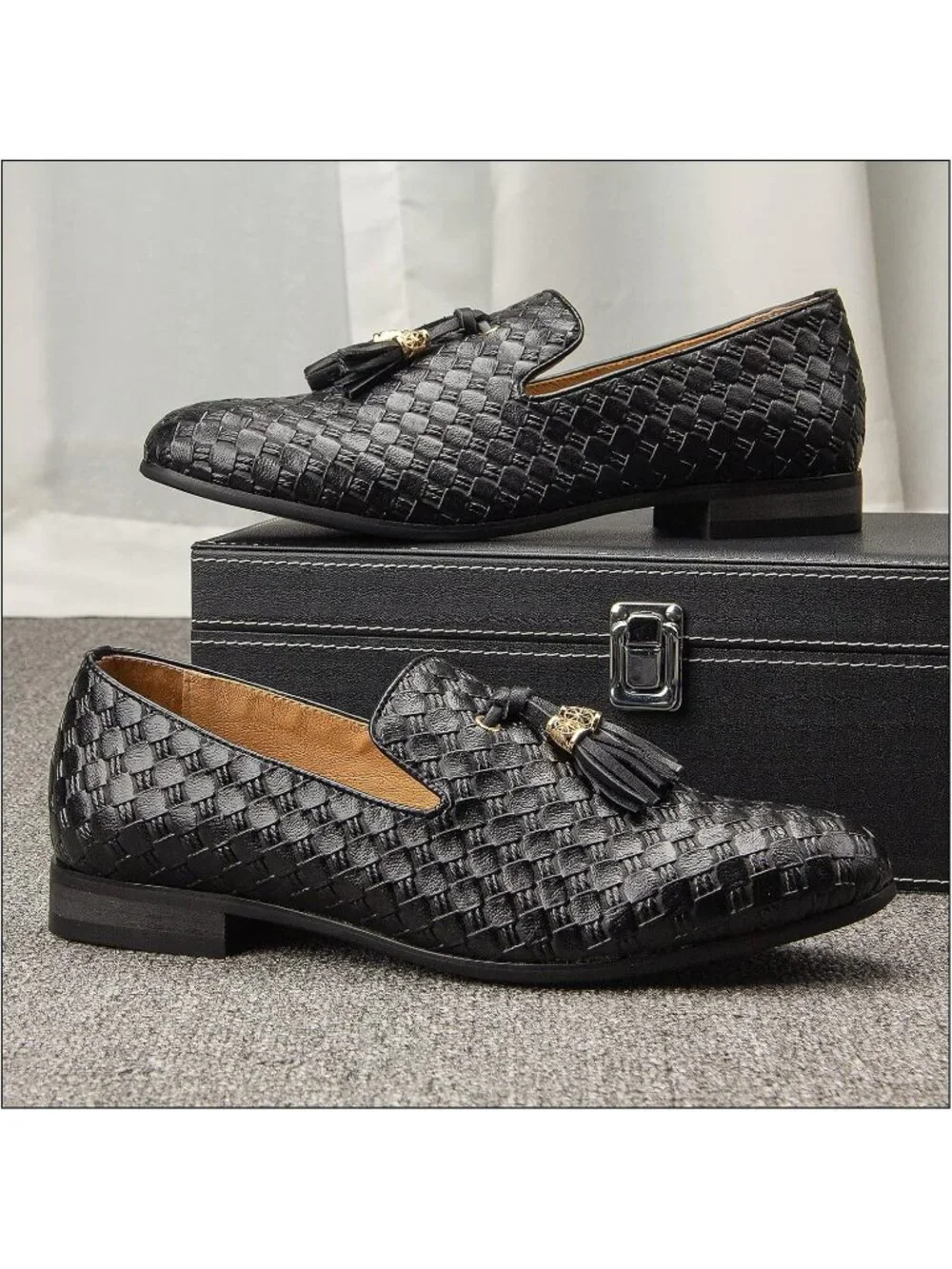 JITAI Men's Black09 Rubber Loafers Tassels Spikes Comfortable Wedding Prom Shoes