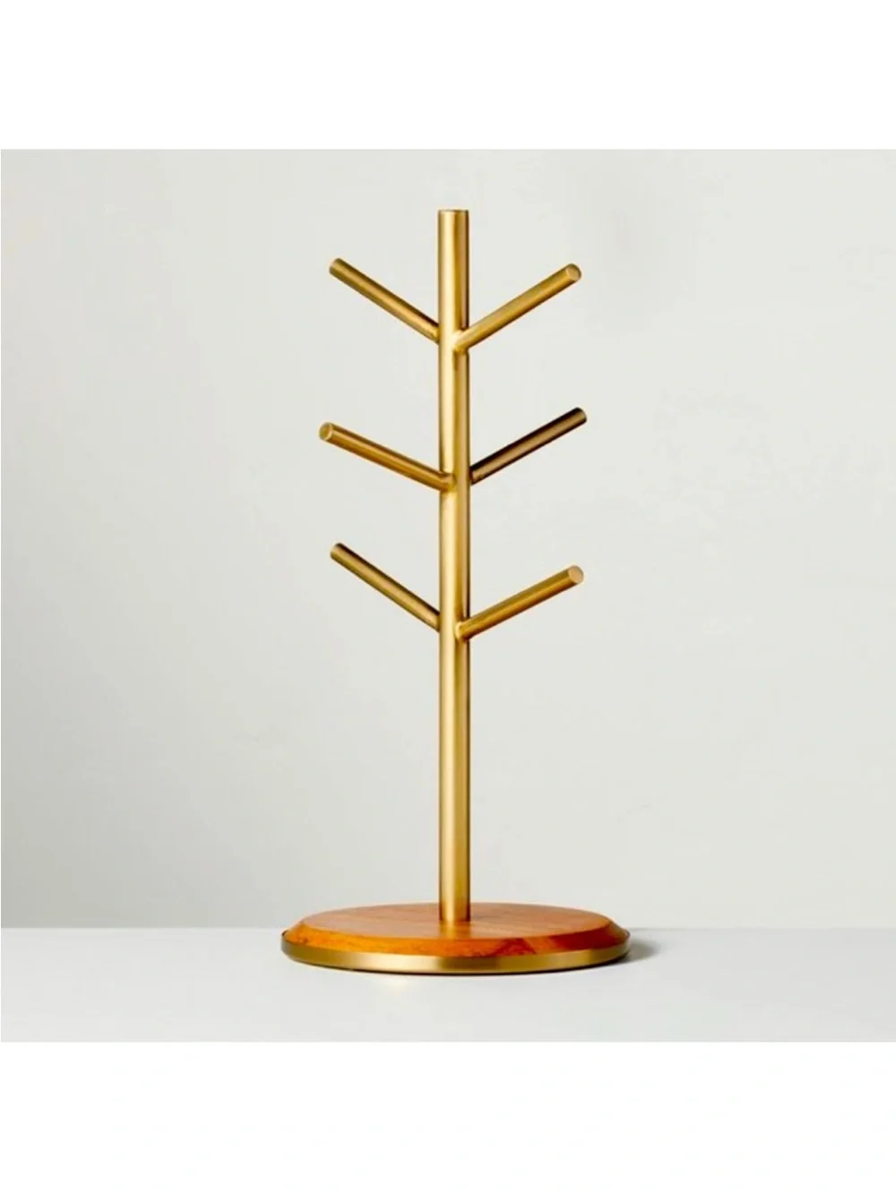 Hearth & Hand with Magnolia Brass & Wood Mug Tree Wooden Stand for 6 Mugs