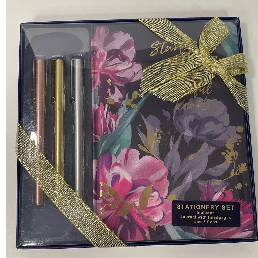 Votum Stationery Gift‎ Set Journal and 3 Pens Floral Design Gold Ribbon Gift Box