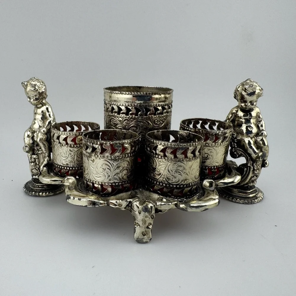 Vintage Small Cherub Vanity Organizer Silver tone  Victorian Red Velvet Putti