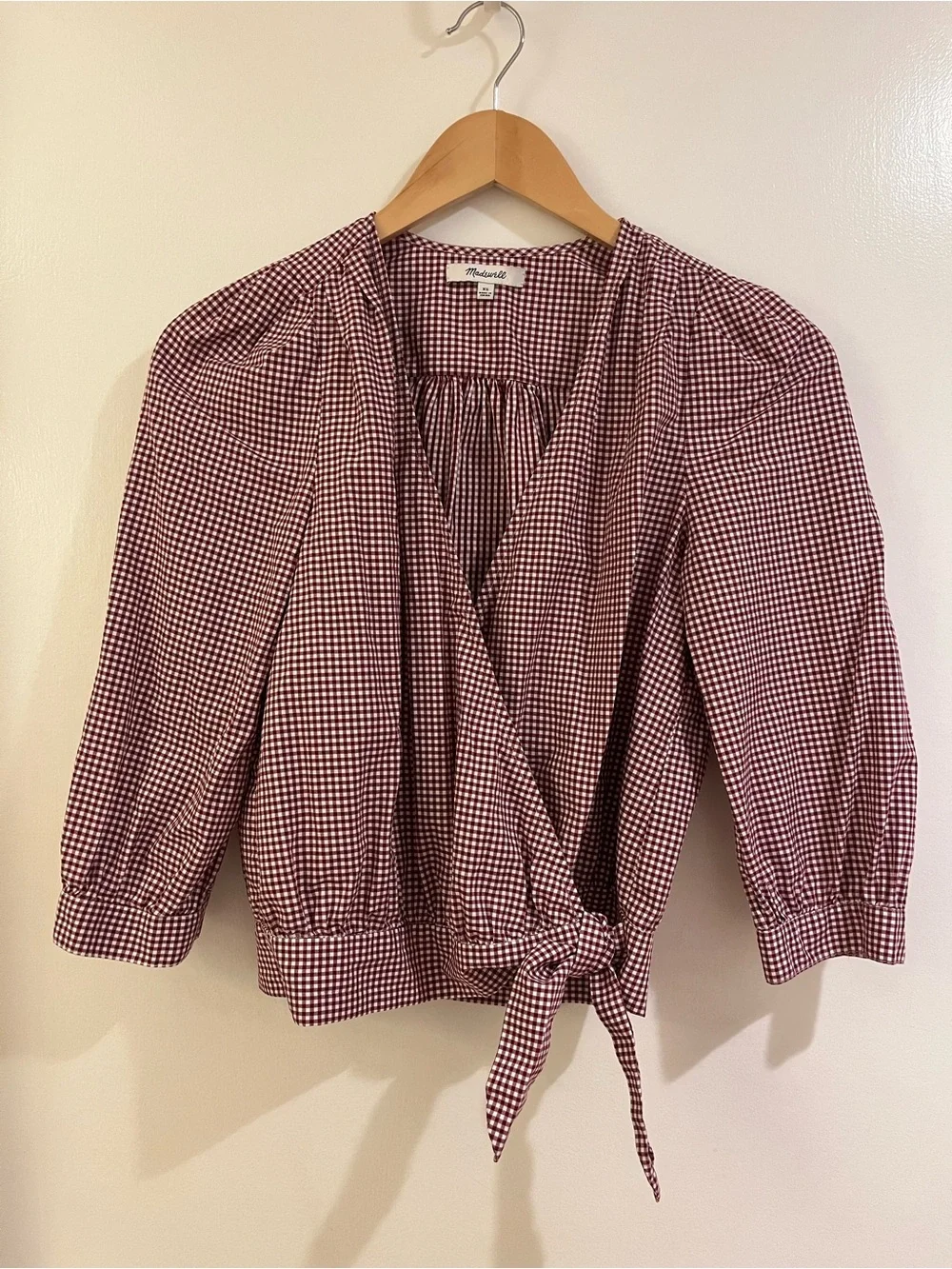 Madewell Maroon Gingham Wrap Top with Tie Waist